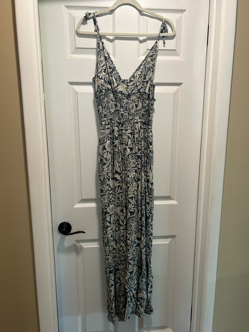 Patrons of Peace Navy and Cream Floral Tie-Shoulder Jumpsuit